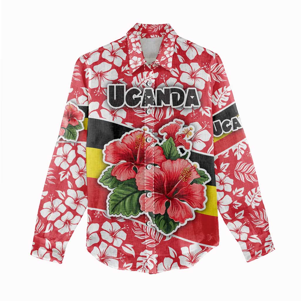 Uganda Women Casual Shirt - Red Hibiscus Flowers and National Flag Design