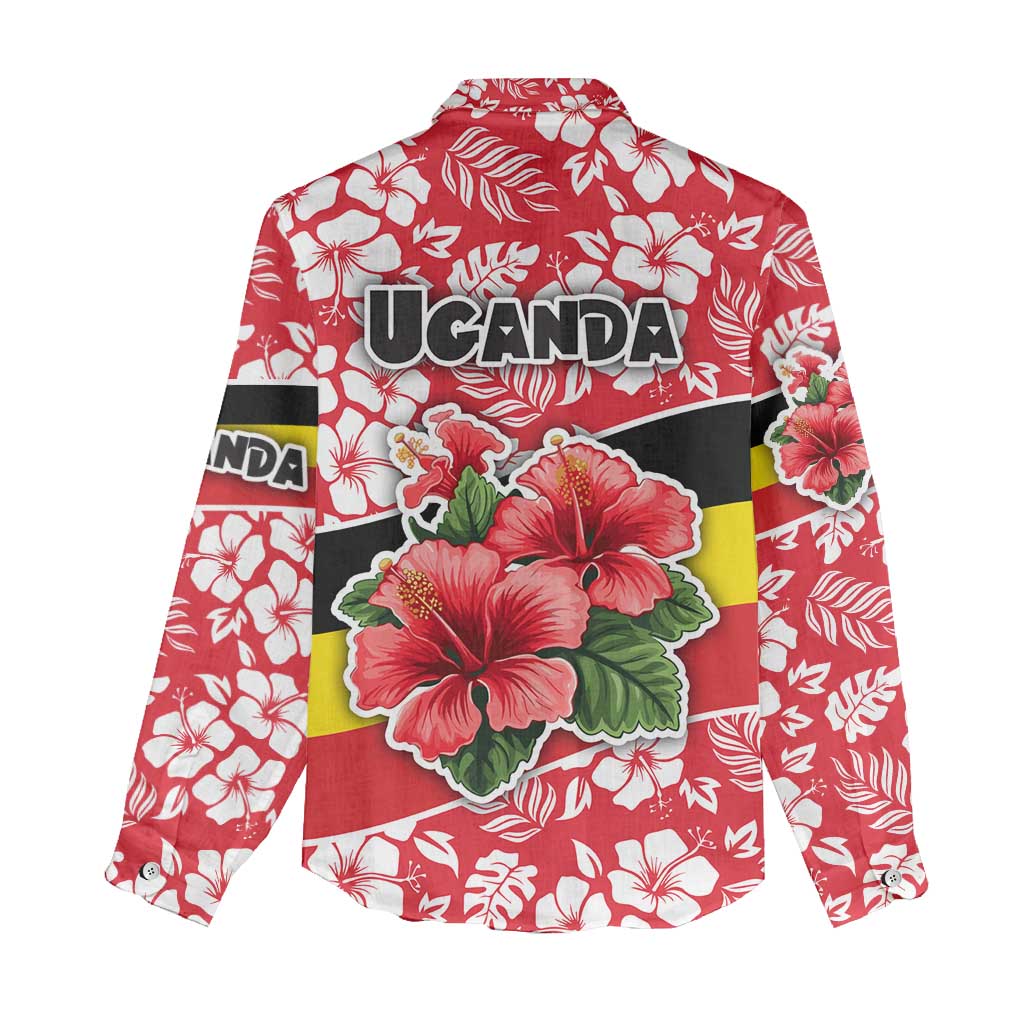Uganda Women Casual Shirt - Red Hibiscus Flowers and National Flag Design
