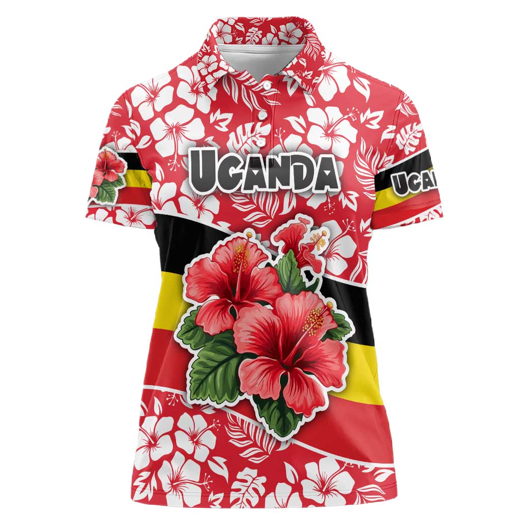 Uganda Women Polo Shirt - Red Hibiscus Flowers and National Flag Design