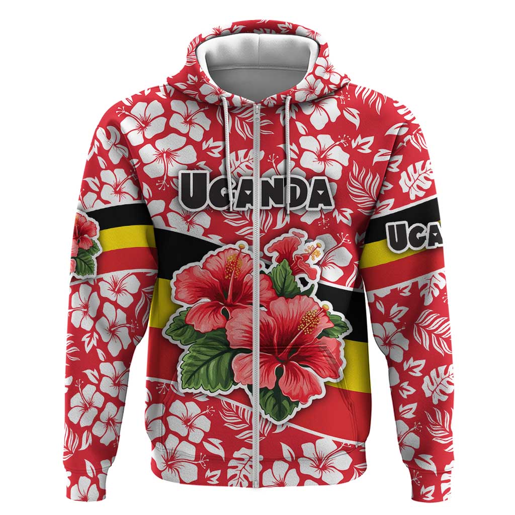 Uganda Zip Hoodie - Red Hibiscus Flowers and National Flag Design