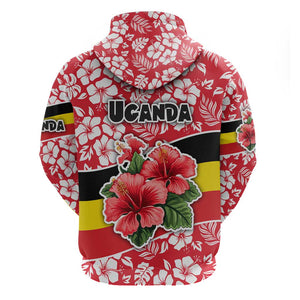 Uganda Zip Hoodie - Red Hibiscus Flowers and National Flag Design