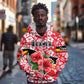 Uganda Zip Hoodie - Red Hibiscus Flowers and National Flag Design