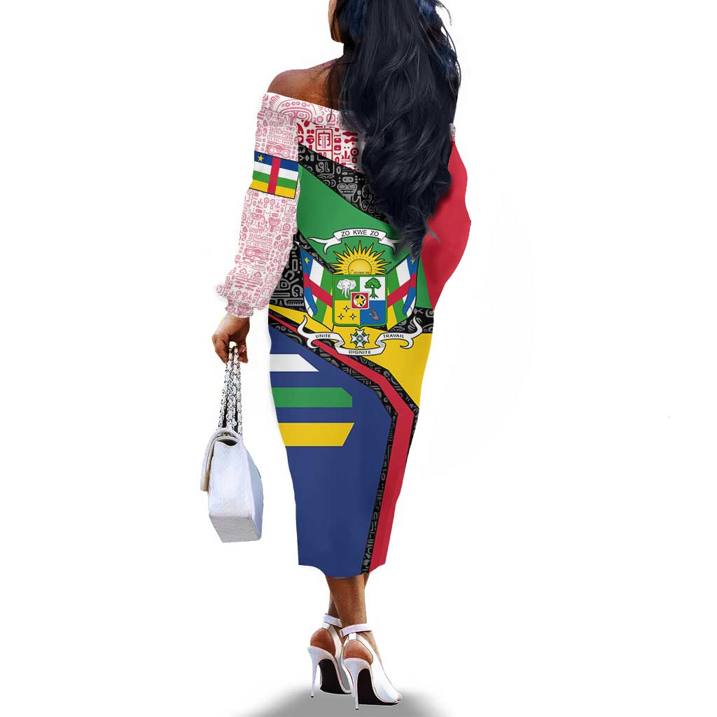 Central African Republic Off The Shoulder Long Sleeve Dress Multicolor Tribal Design - African Pride