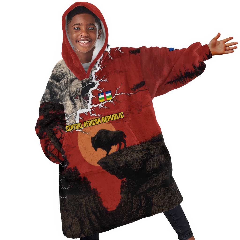 Central African Republic Kid Wearable Blanket Hoodie Red Black Nature Design and Buffalo - African Pride