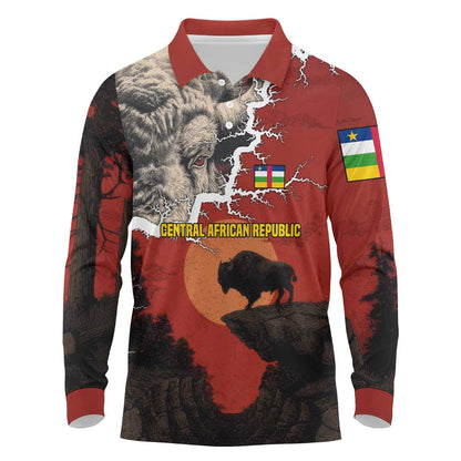 Central African Republic Long Sleeve Polo Shirt Red Black Nature Design and Buffalo - African Pride