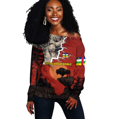 Central African Republic Off Shoulder Sweater Red Black Nature Design and Buffalo - African Pride