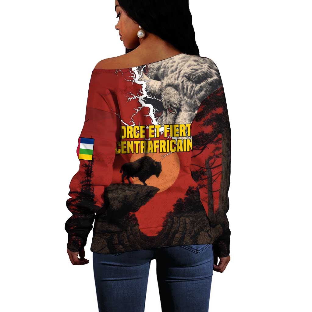Central African Republic Off Shoulder Sweater Red Black Nature Design and Buffalo - African Pride