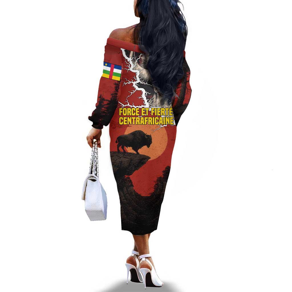 Central African Republic Off The Shoulder Long Sleeve Dress Red Black Nature Design and Buffalo - African Pride