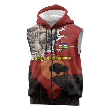 Central African Republic Sleeveless Zip Hoodie Red Black Nature Design and Buffalo - African Pride