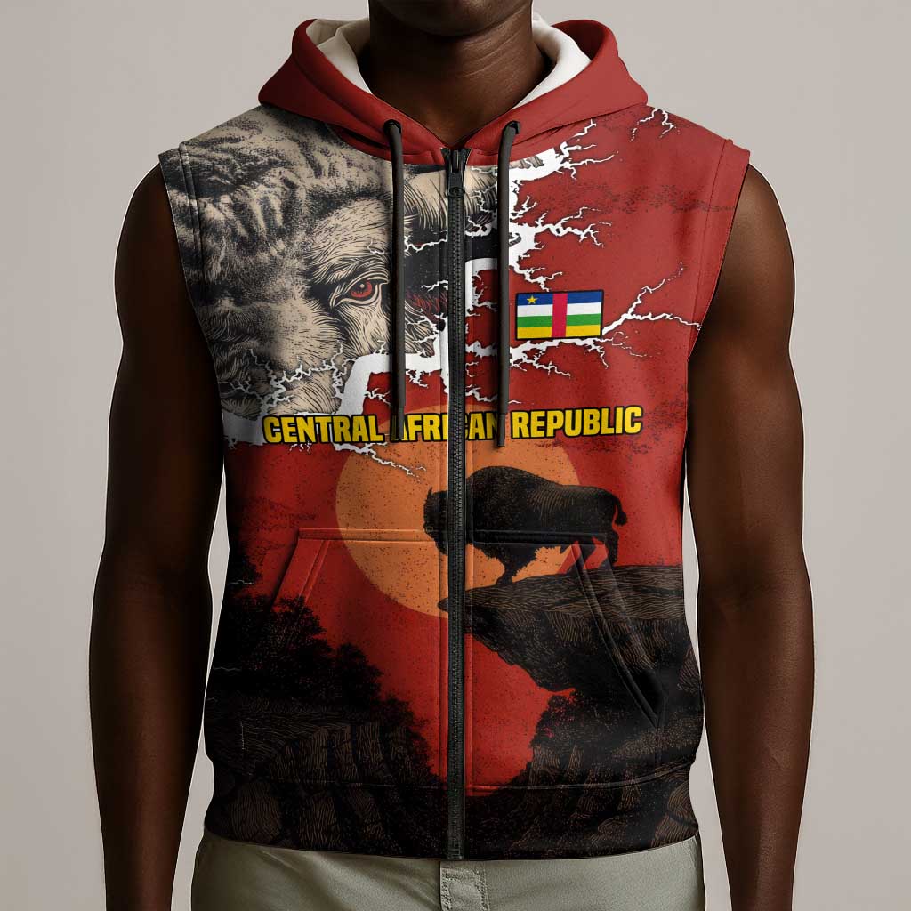 Central African Republic Sleeveless Zip Hoodie Red Black Nature Design and Buffalo - African Pride
