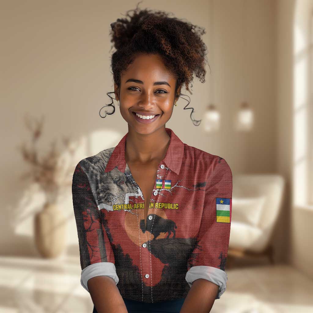 Central African Republic Women Casual Shirt Red Black Nature Design and Buffalo - African Pride