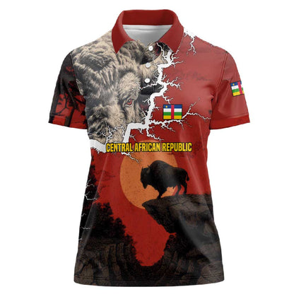 Central African Republic Women Polo Shirt Red Black Nature Design and Buffalo - African Pride