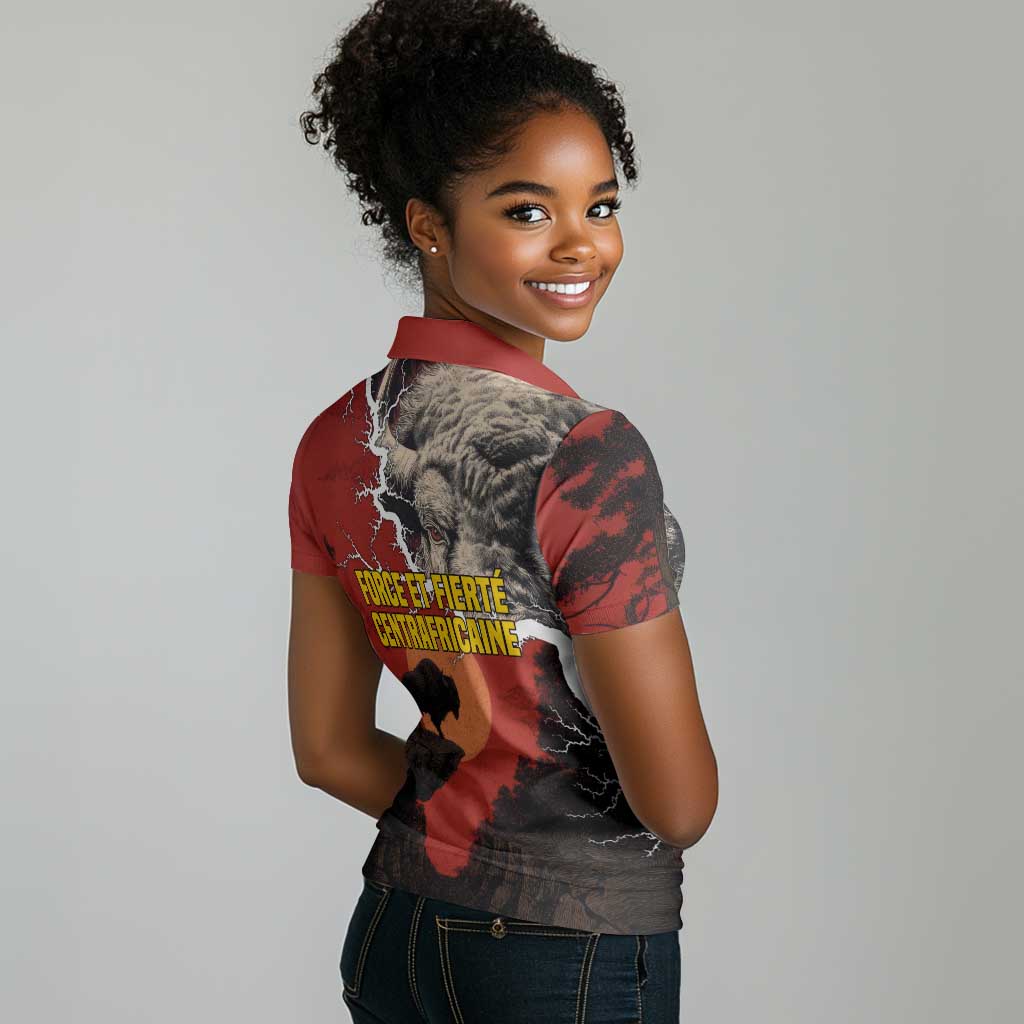 Central African Republic Women Polo Shirt Red Black Nature Design and Buffalo - African Pride