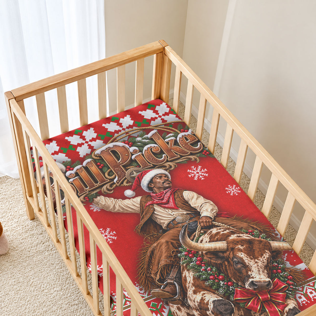 Bill Pickett Christmas Cowboy Baby Bed Cover Snowy Winter Western Rodeo Horse Rider Art