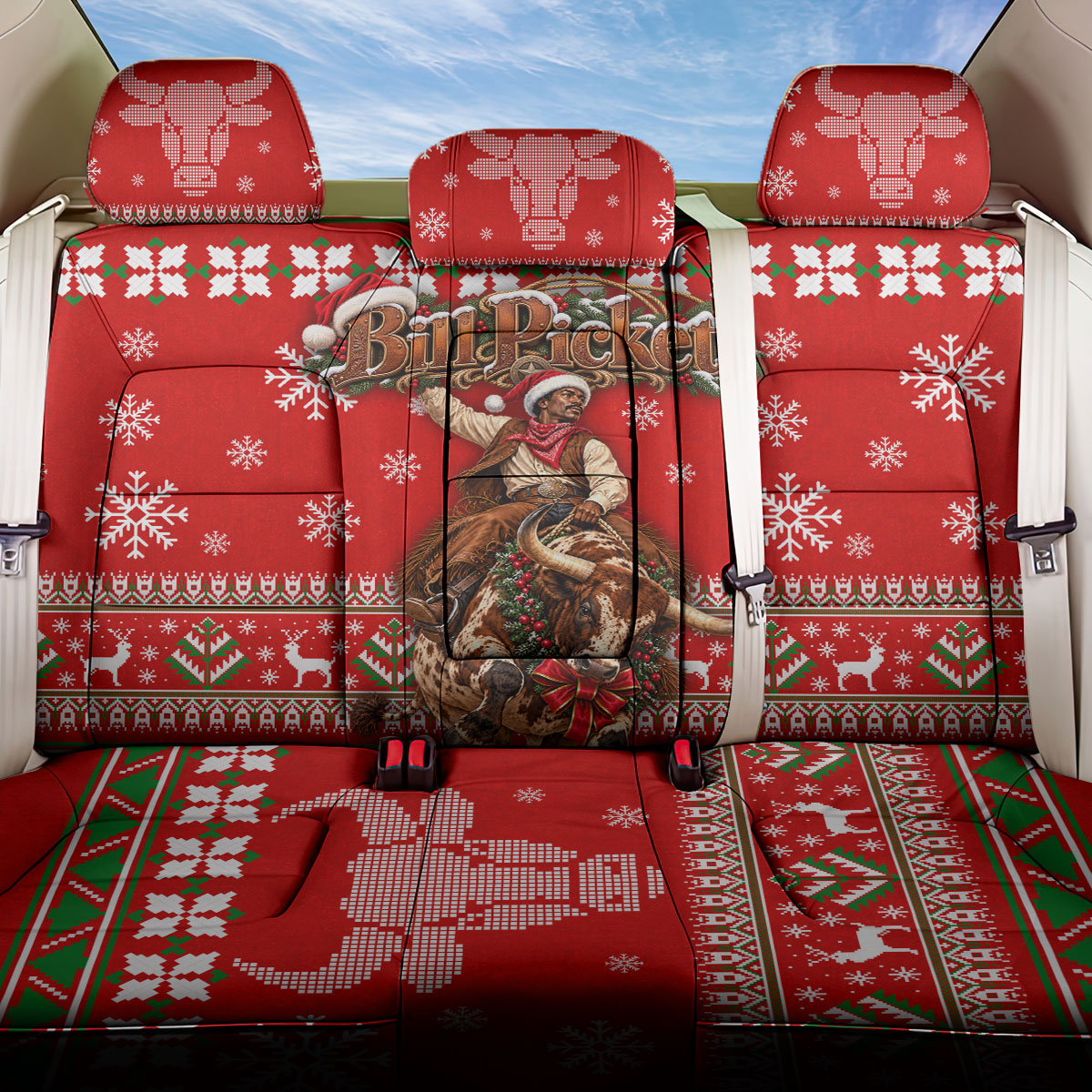 Bill Pickett Christmas Cowboy Back Car Seat Cover Snowy Winter Western Rodeo Horse Rider Art