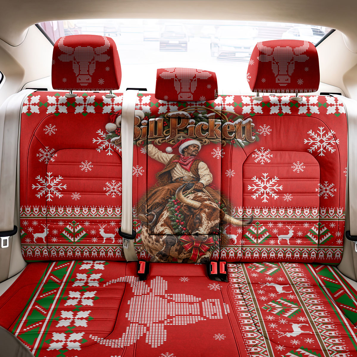 Bill Pickett Christmas Cowboy Back Car Seat Cover Snowy Winter Western Rodeo Horse Rider Art
