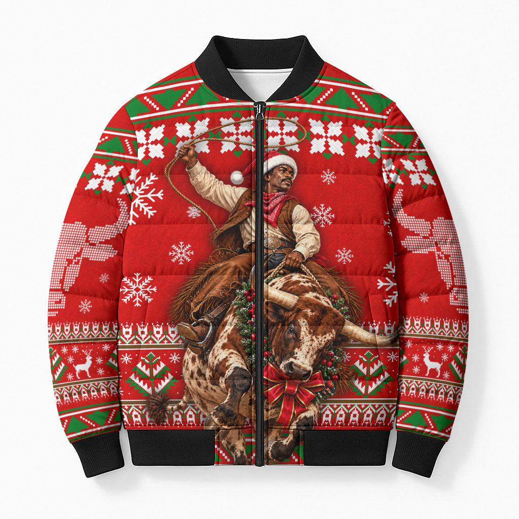 Bill Pickett Christmas Cowboy Bomber Puffer Jacket Snowy Winter Western Rodeo Horse Rider Art