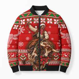 Bill Pickett Christmas Cowboy Bomber Puffer Jacket Snowy Winter Western Rodeo Horse Rider Art