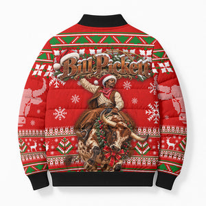 Bill Pickett Christmas Cowboy Bomber Puffer Jacket Snowy Winter Western Rodeo Horse Rider Art