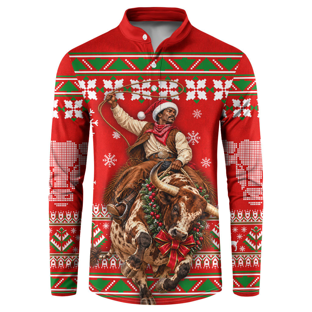 Bill Pickett Christmas Cowboy Button Sweatshirt Snowy Winter Western Rodeo Horse Rider Art
