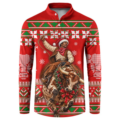 Bill Pickett Christmas Cowboy Button Sweatshirt Snowy Winter Western Rodeo Horse Rider Art