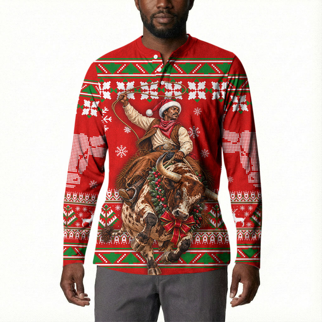 Bill Pickett Christmas Cowboy Button Sweatshirt Snowy Winter Western Rodeo Horse Rider Art