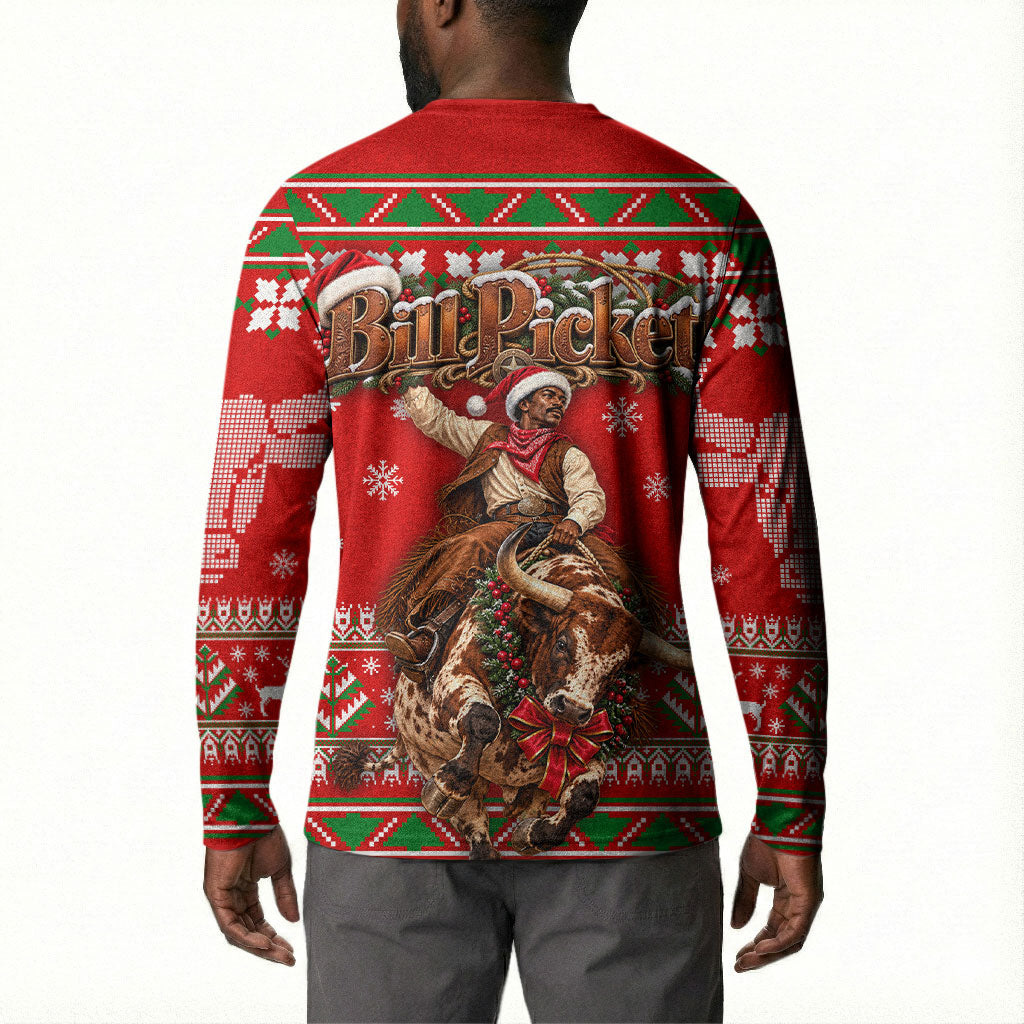 Bill Pickett Christmas Cowboy Button Sweatshirt Snowy Winter Western Rodeo Horse Rider Art