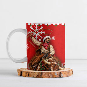 Bill Pickett Christmas Cowboy Ceramic Mug Snowy Winter Western Rodeo Horse Rider Art