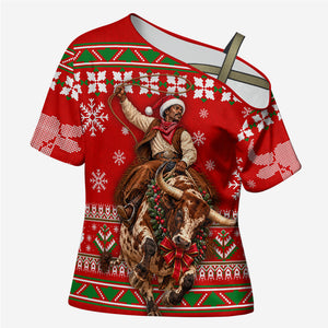 Bill Pickett Christmas Cowboy Cross Shoulder Shirt Snowy Winter Western Rodeo Horse Rider Art