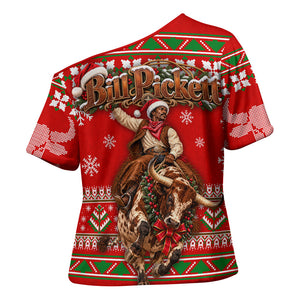 Bill Pickett Christmas Cowboy Cross Shoulder Shirt Snowy Winter Western Rodeo Horse Rider Art