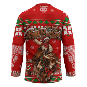 Bill Pickett Christmas Cowboy Hockey Jersey Snowy Winter Western Rodeo Horse Rider Art
