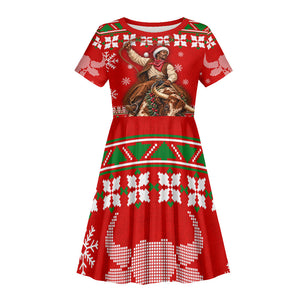 Bill Pickett Christmas Cowboy Kid Short Sleeve Dress Snowy Winter Western Rodeo Horse Rider Art