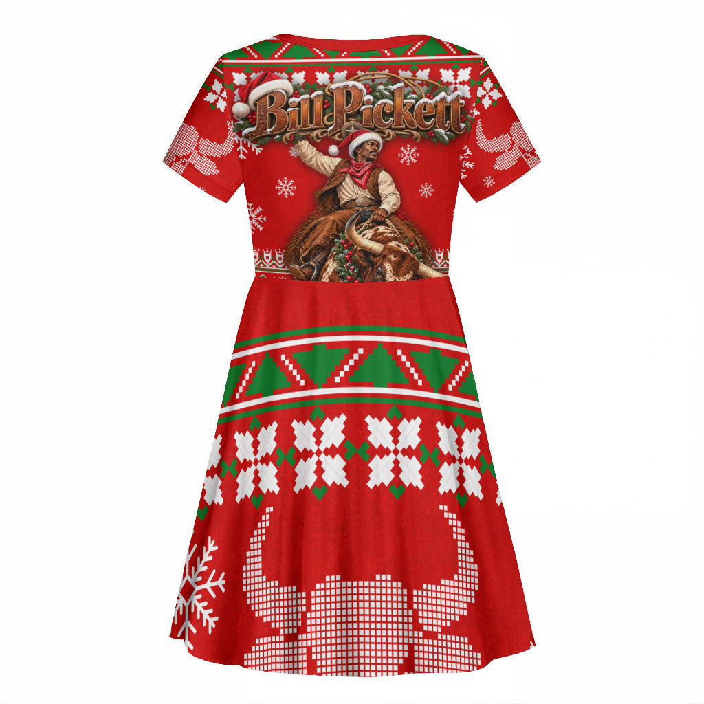 Bill Pickett Christmas Cowboy Kid Short Sleeve Dress Snowy Winter Western Rodeo Horse Rider Art