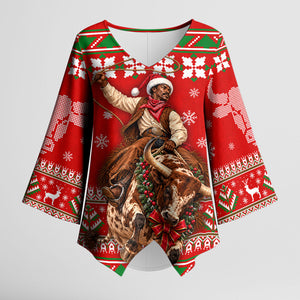 Bill Pickett Christmas Cowboy Kimono Sleeve Blouse Snowy Winter Western Rodeo Horse Rider Art