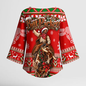Bill Pickett Christmas Cowboy Kimono Sleeve Blouse Snowy Winter Western Rodeo Horse Rider Art