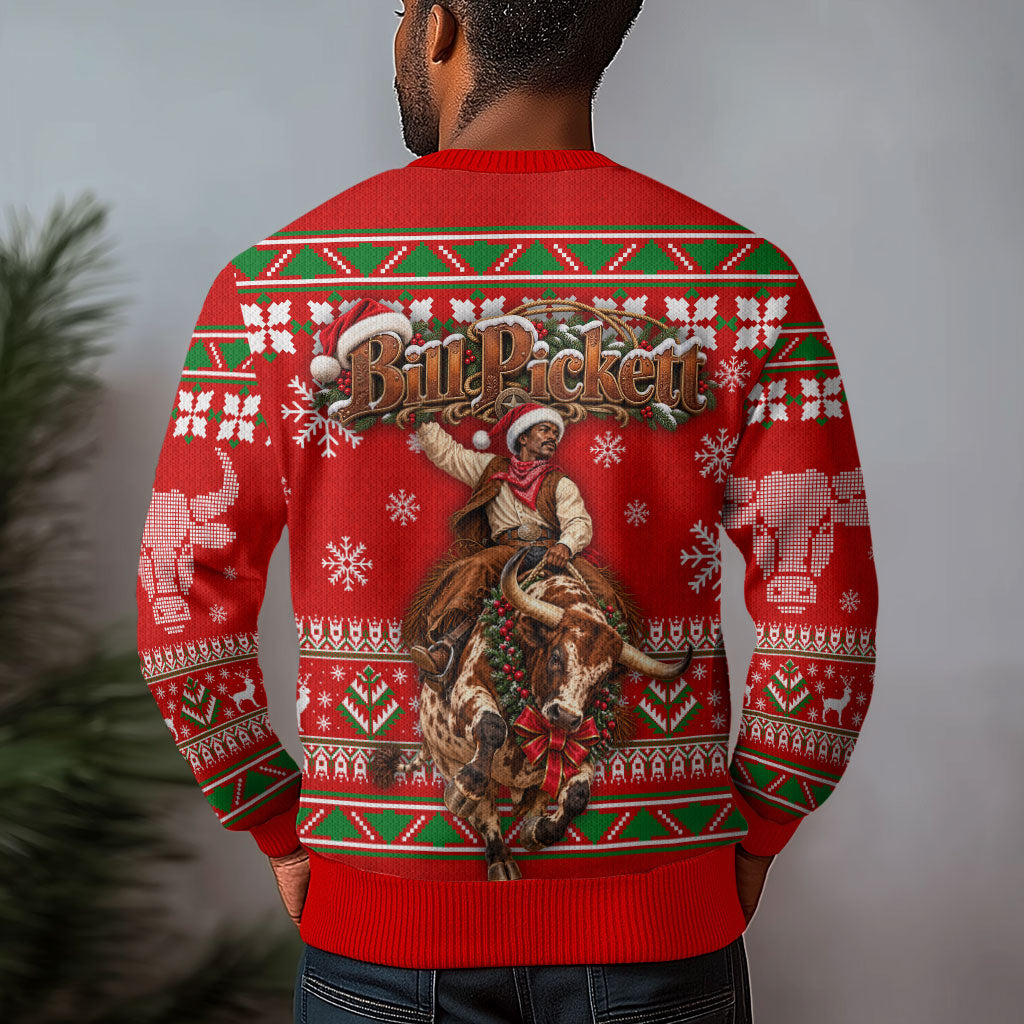 Bill Pickett Christmas Cowboy Ugly Christmas Sweater Snowy Winter Western Rodeo Horse Rider Art