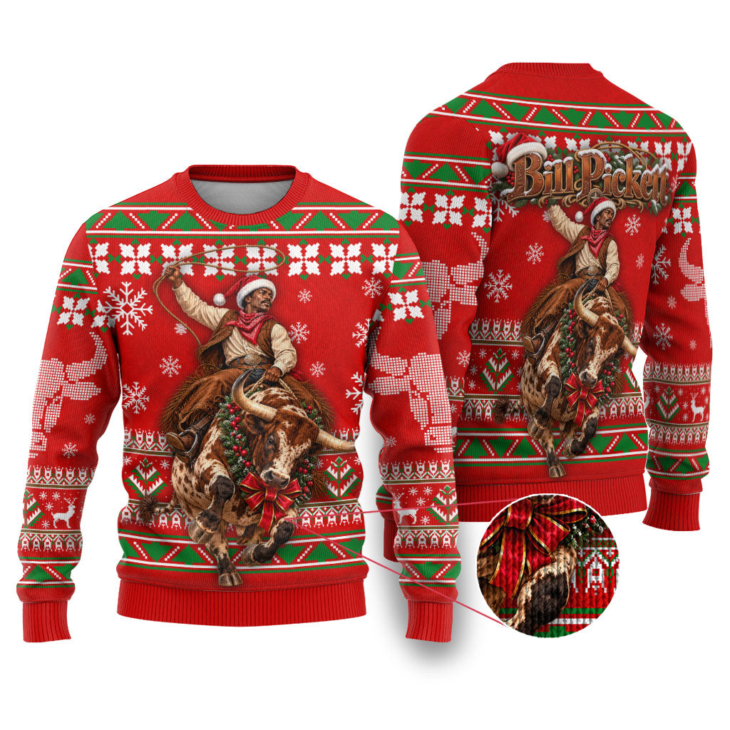 Bill Pickett Christmas Cowboy Ugly Christmas Sweater Snowy Winter Western Rodeo Horse Rider Art