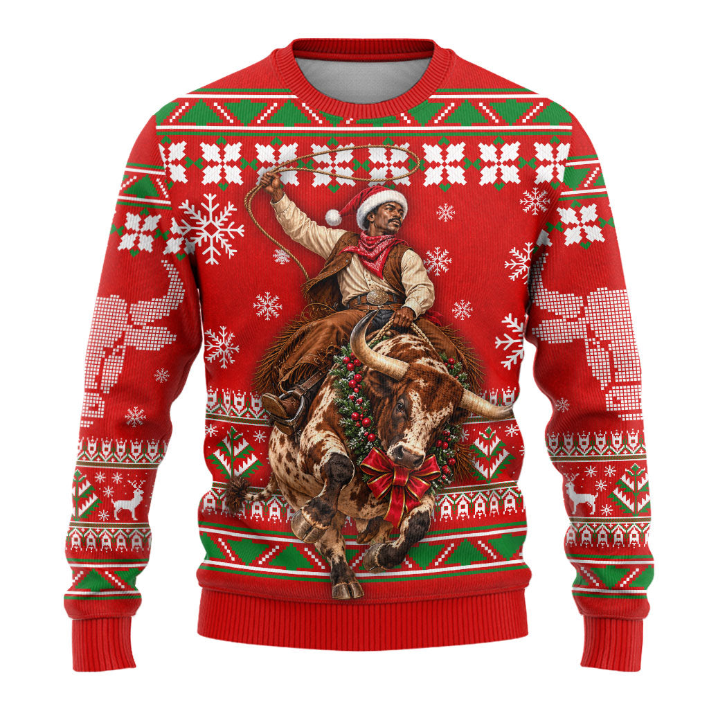 Bill Pickett Christmas Cowboy Ugly Christmas Sweater Snowy Winter Western Rodeo Horse Rider Art