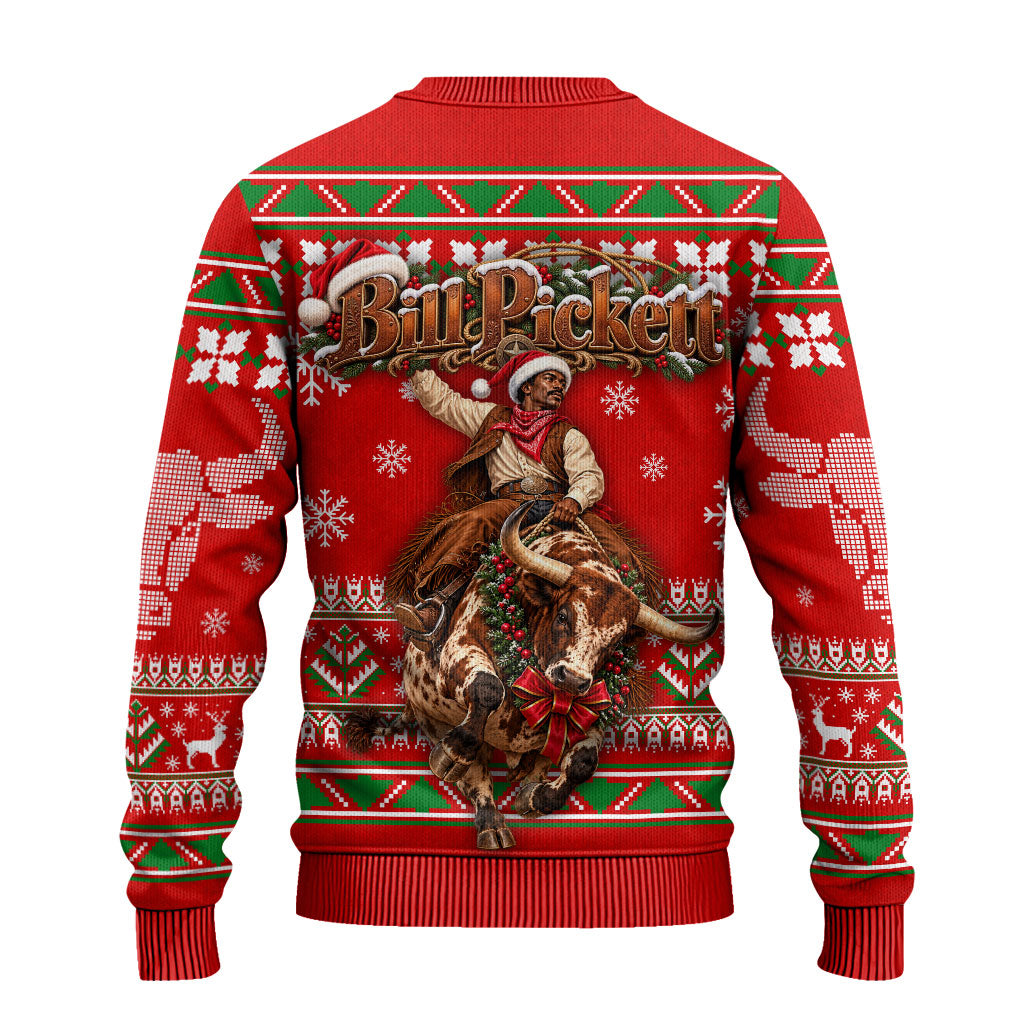 Bill Pickett Christmas Cowboy Ugly Christmas Sweater Snowy Winter Western Rodeo Horse Rider Art