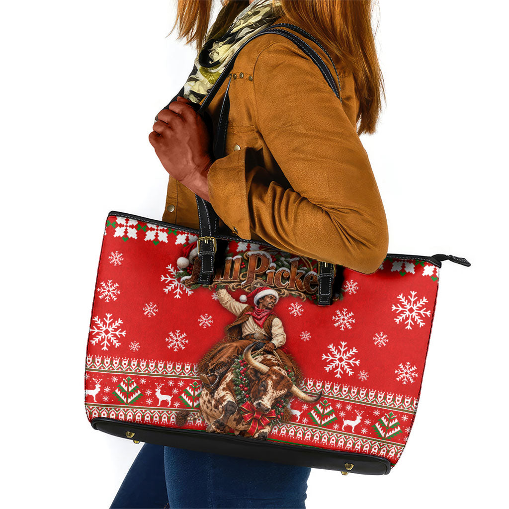 Bill Pickett Christmas Cowboy Leather Tote Bag Snowy Winter Western Rodeo Horse Rider Art