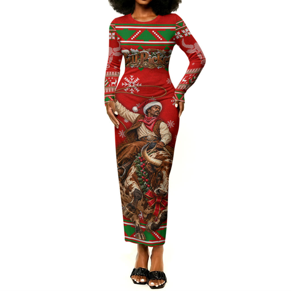 Bill Pickett Christmas Cowboy Long Sleeve Bodycon Dress Snowy Winter Western Rodeo Horse Rider Art
