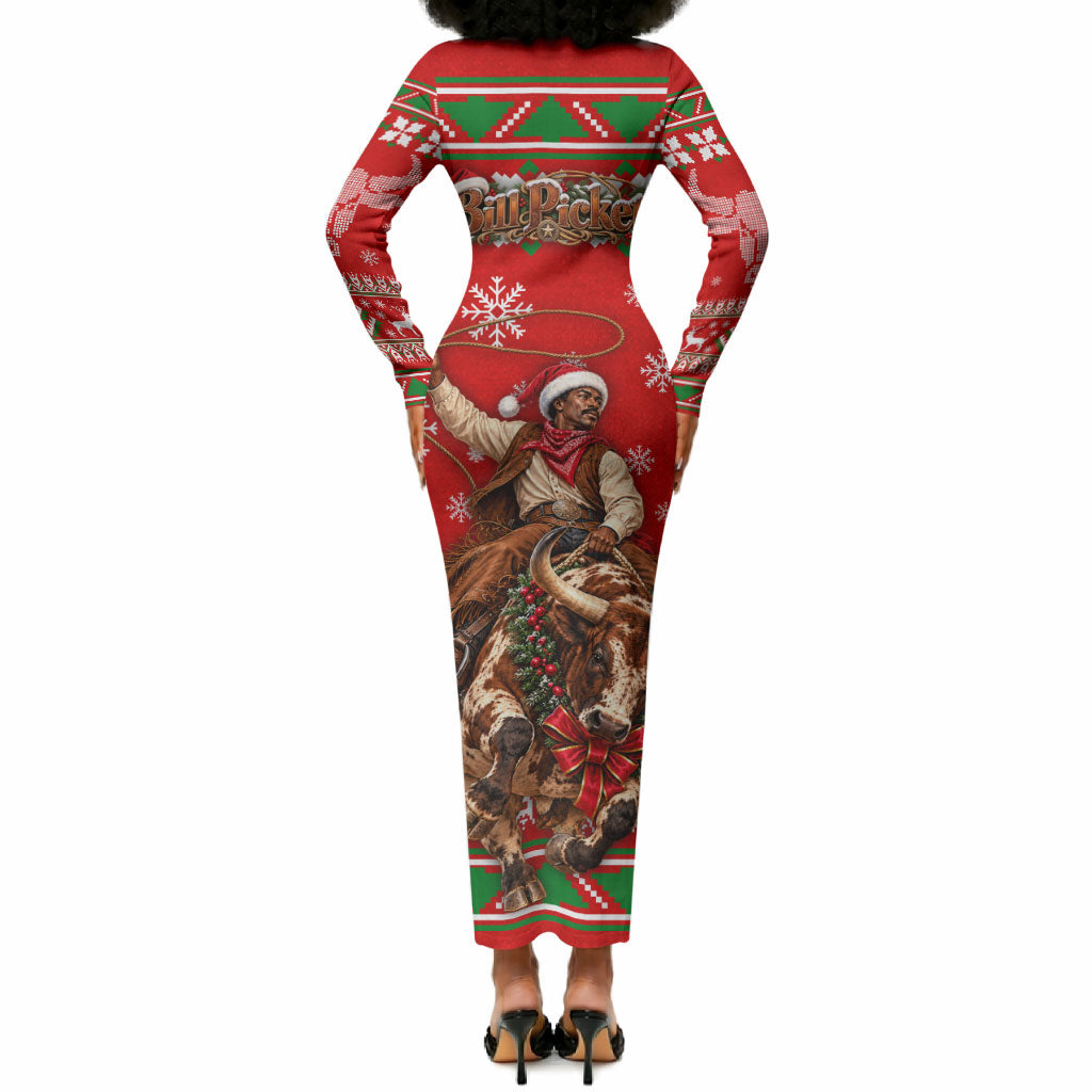 Bill Pickett Christmas Cowboy Long Sleeve Bodycon Dress Snowy Winter Western Rodeo Horse Rider Art