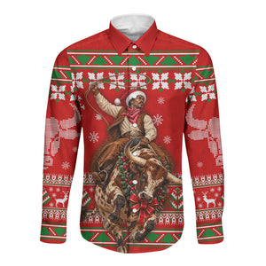 Bill Pickett Christmas Cowboy Long Sleeve Button Shirt Snowy Winter Western Rodeo Horse Rider Art