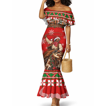 Bill Pickett Christmas Cowboy Mermaid Dress Snowy Winter Western Rodeo Horse Rider Art