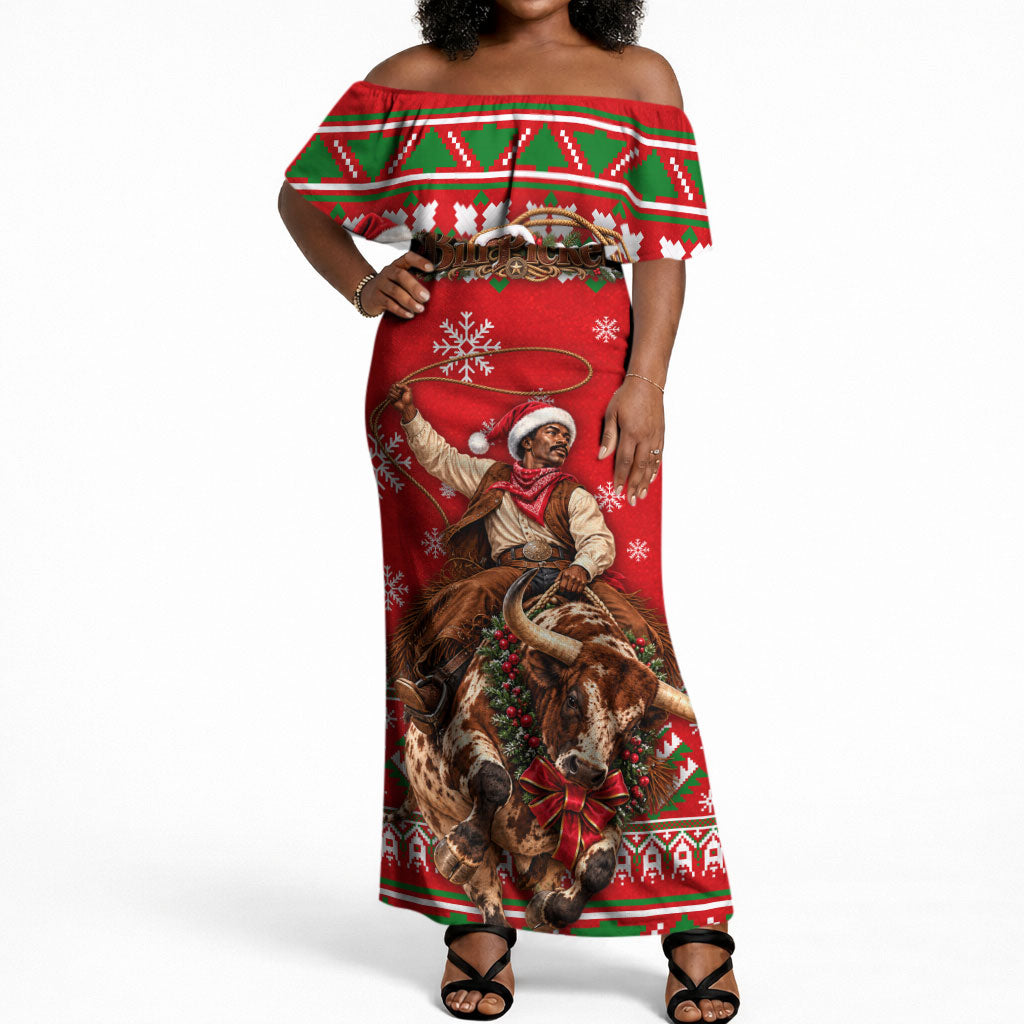 Bill Pickett Christmas Cowboy Off Shoulder Maxi Dress Snowy Winter Western Rodeo Horse Rider Art