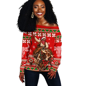 Bill Pickett Christmas Cowboy Off Shoulder Sweater Snowy Winter Western Rodeo Horse Rider Art