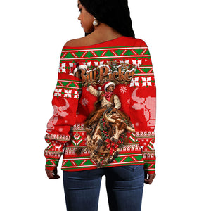 Bill Pickett Christmas Cowboy Off Shoulder Sweater Snowy Winter Western Rodeo Horse Rider Art