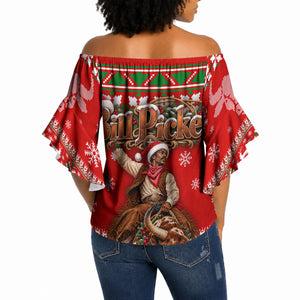 Bill Pickett Christmas Cowboy Off Shoulder Wrap Waist Top Snowy Winter Western Rodeo Horse Rider Art
