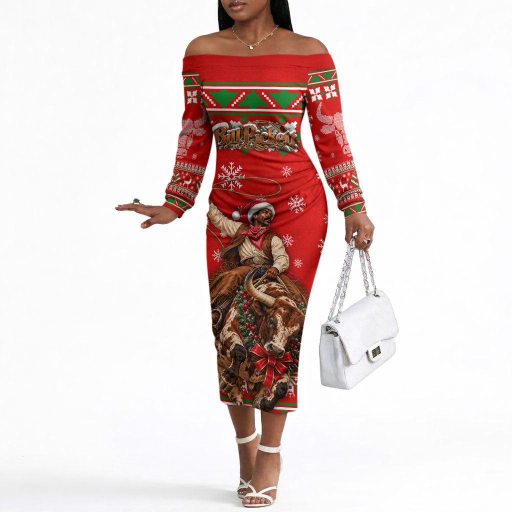 Bill Pickett Christmas Cowboy Off The Shoulder Long Sleeve Dress Snowy Winter Western Rodeo Horse Rider Art