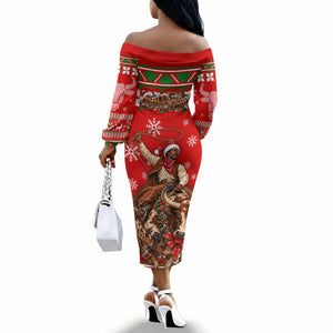Bill Pickett Christmas Cowboy Off The Shoulder Long Sleeve Dress Snowy Winter Western Rodeo Horse Rider Art